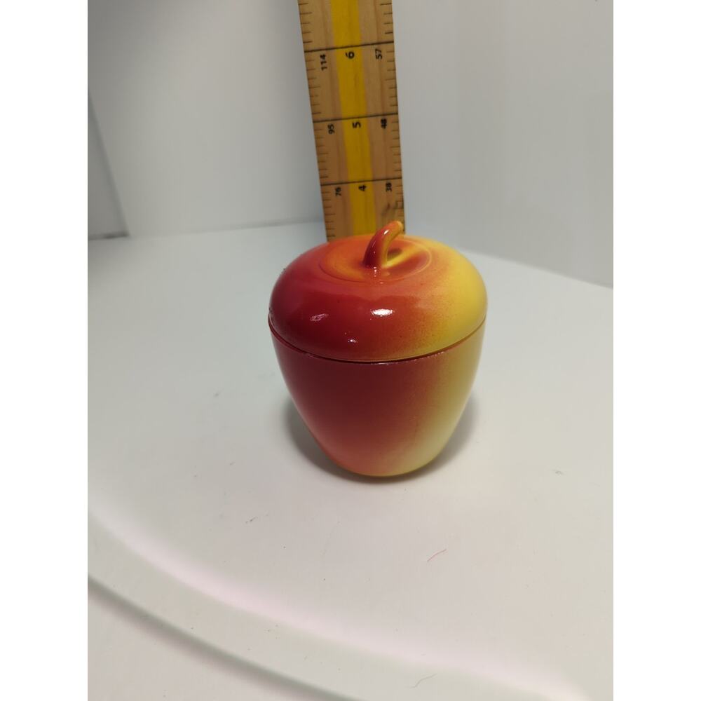 Hazel Atlas Apple Milk Glass Covered Sugar Bowl Jam Jar Red Yellow 4"H Vintage - Picture 8 of 9